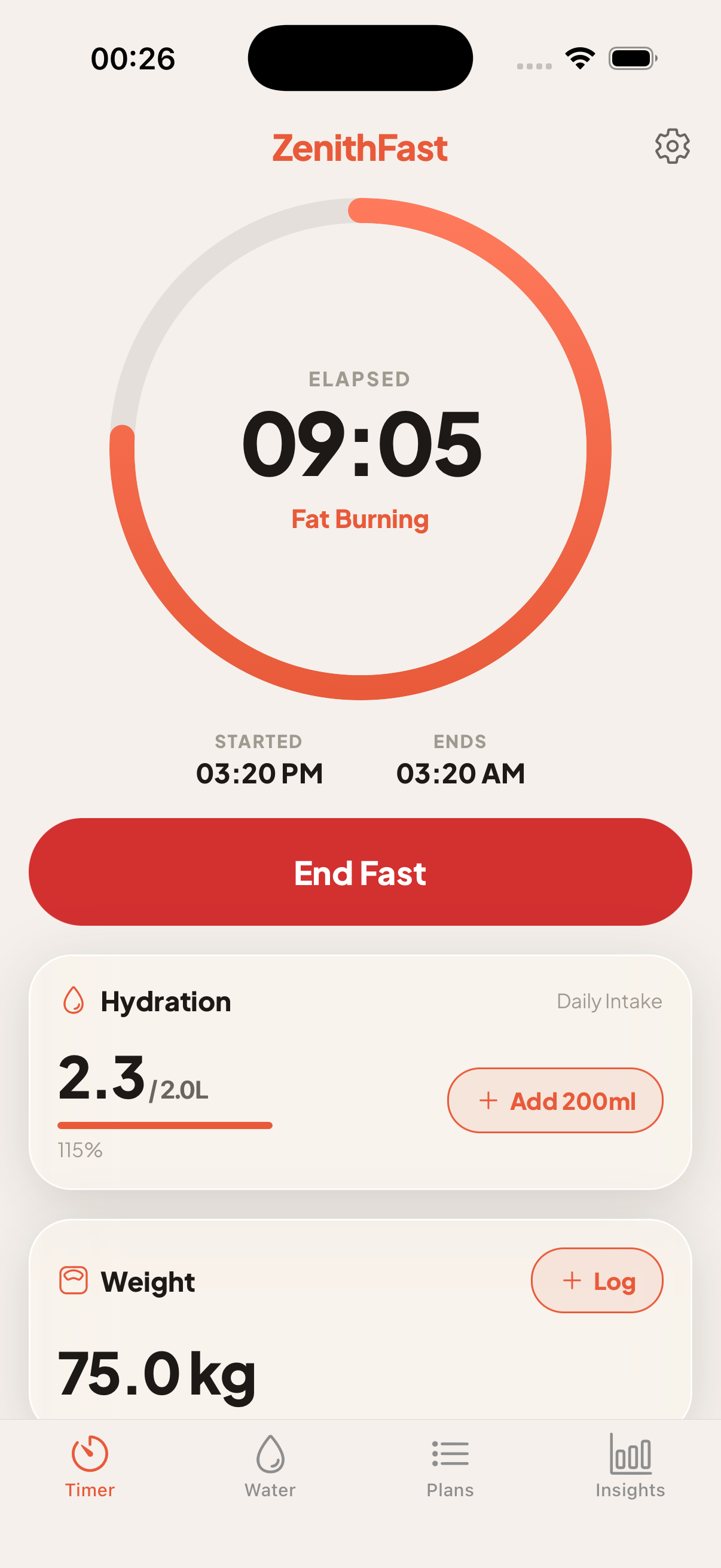 ZenithFast fasting timer dashboard