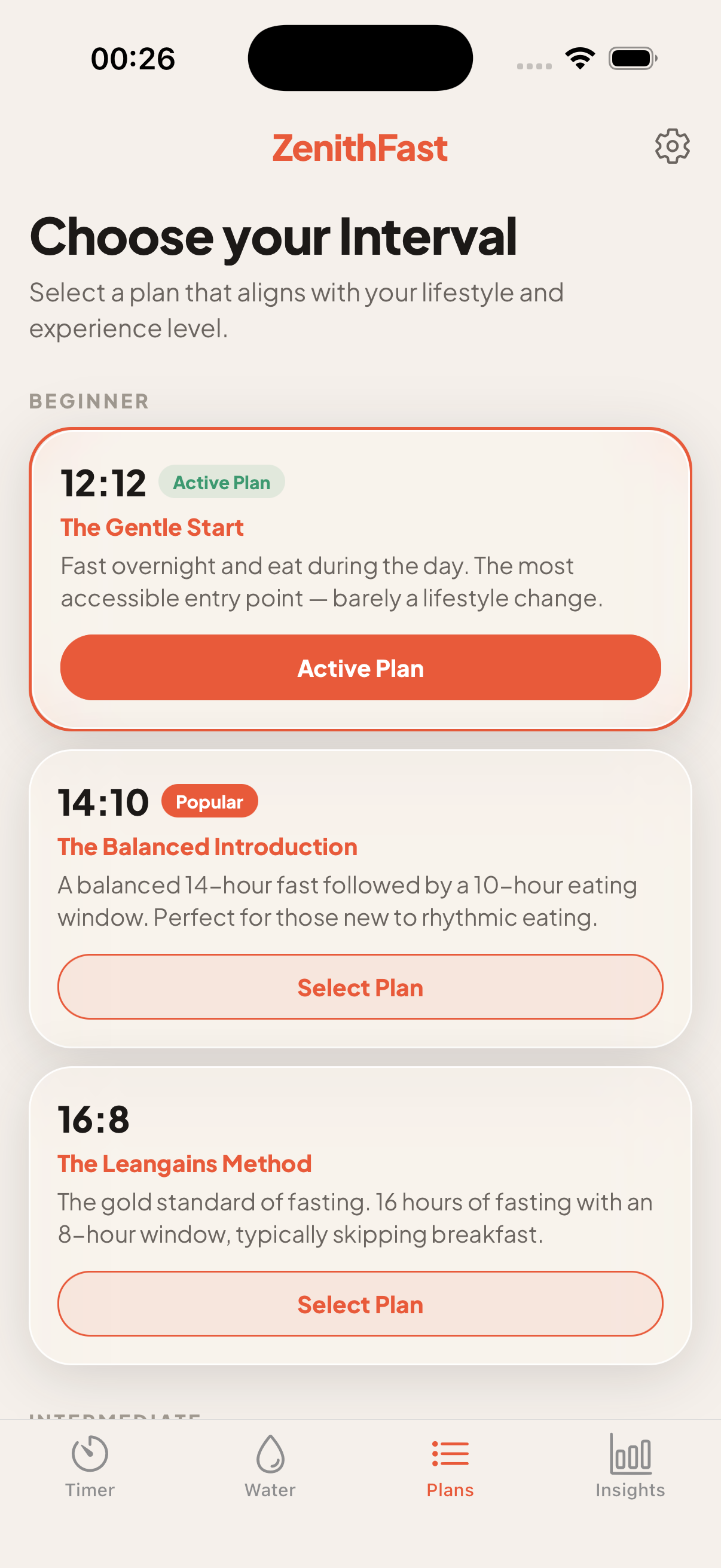ZenithFast fasting plans screen